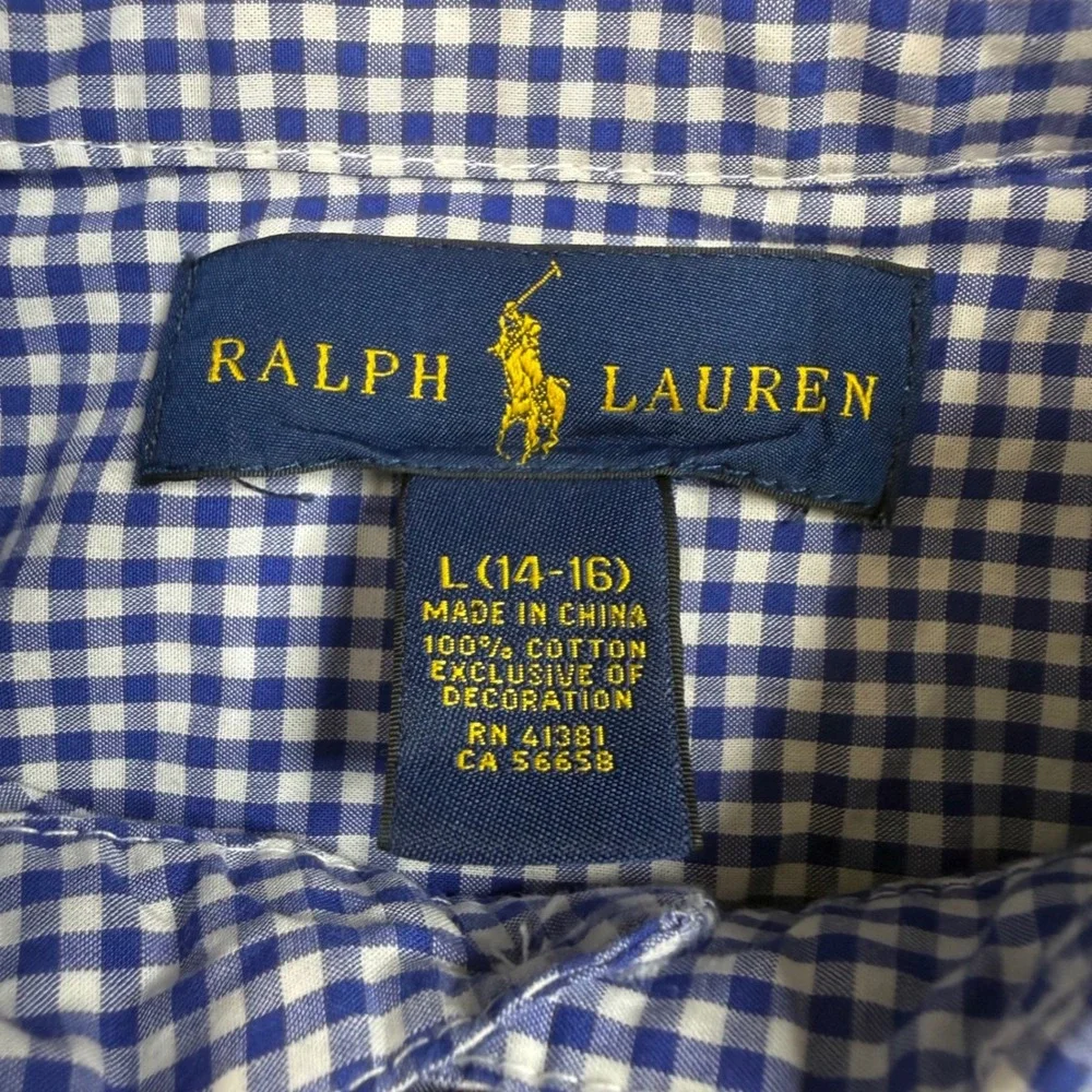 Ralph Lauren Button Down Shirt Kids Boys L 14-16 Blue Gingham Long Sleeve Cotton